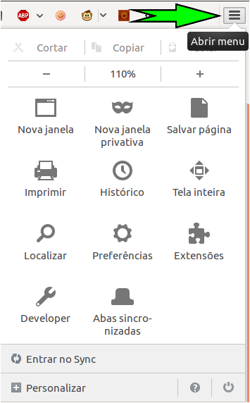 Abrindo menu de configurações do Firefox