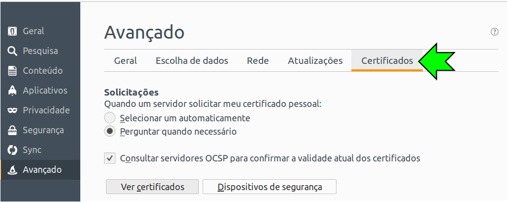 Abrindo aba "Certificados"