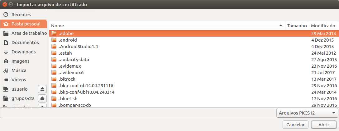 Selecionando o arquivo de certificado